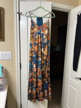 Tahari Slip Maxi Dress with Floral Brushstroke Print - Blue/Orange/Brown